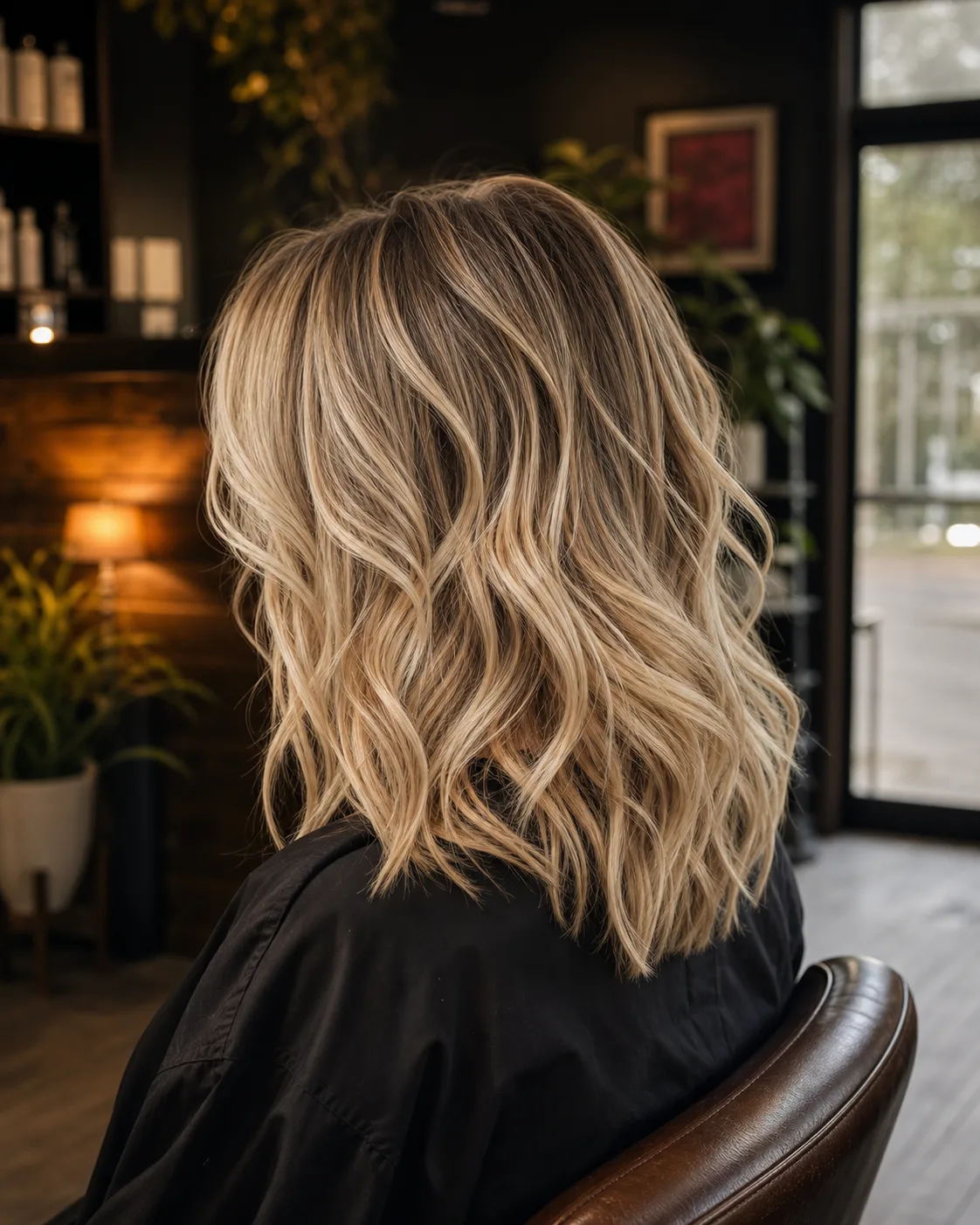 Creamy dimensional blonde balayage styled in waves