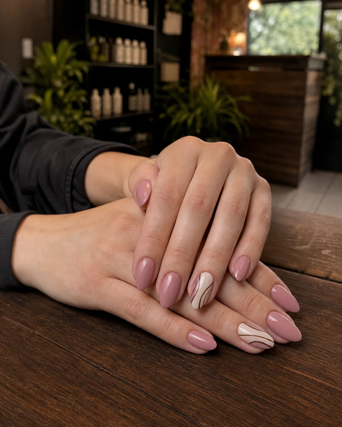 Dusty rose builder gel nails with cream line art