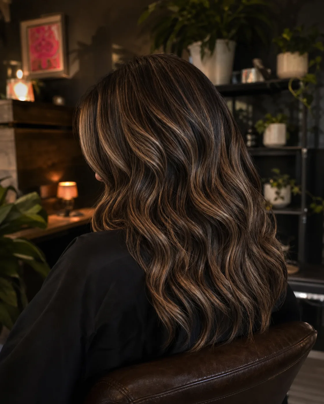 Rich brunette color with soft caramel dimension